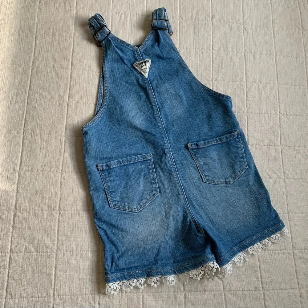 OshKosh B'gosh Girl Vestbak Blue‎ Shortalls Overalls Crochet Lace Hem Size 5 5T